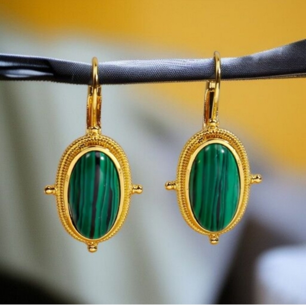 18k Gold Plated Malachite Cabochon Dangle Earrings 45$